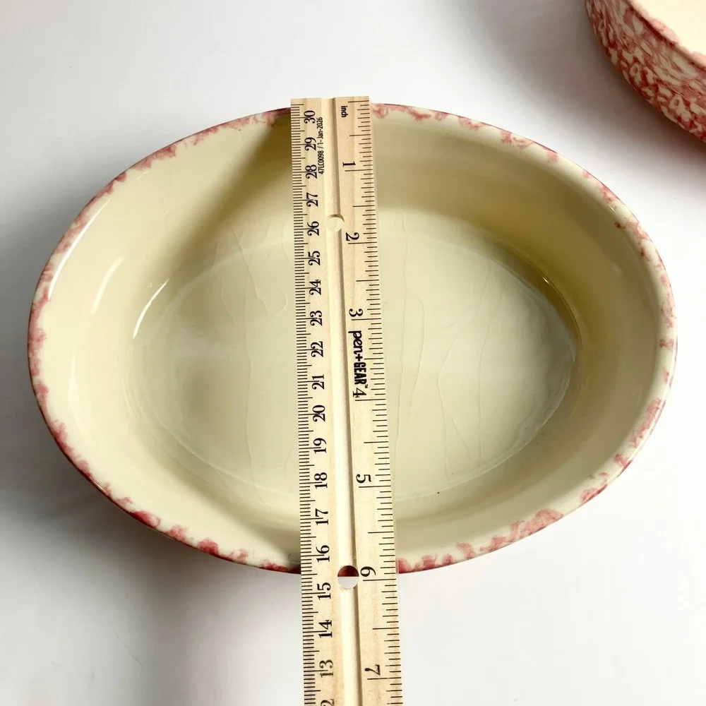 2 Roseville Pink Spongeware Pottery Oval Dish/Bowls by Gerald E. Henn 10